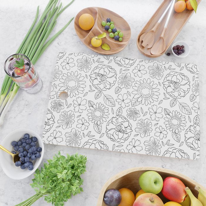 Black and white hand drawn flower art pattern Cutting Board Gallery Image 2