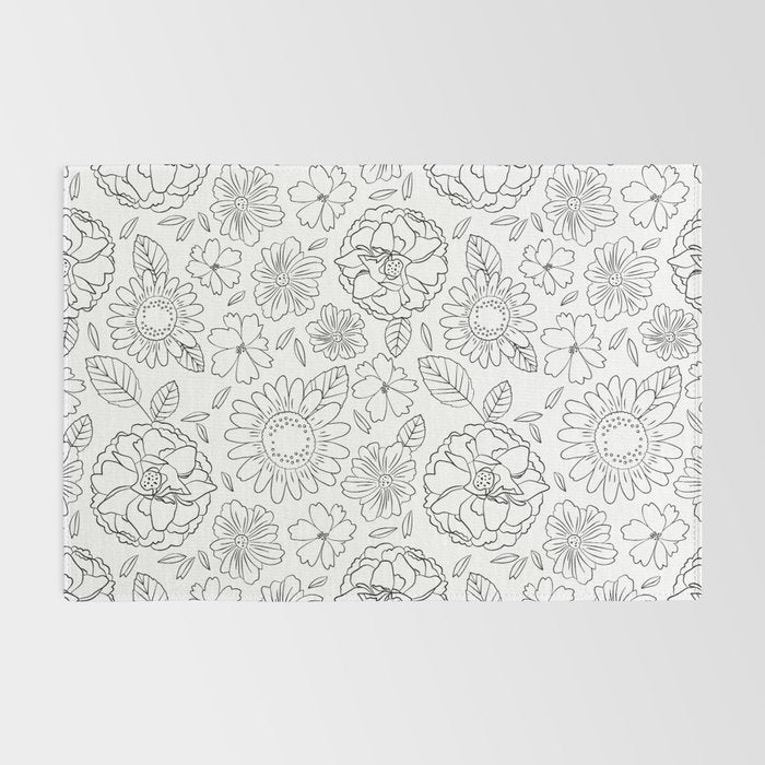 Black and white hand drawn flower art pattern Rug Gallery Image 2