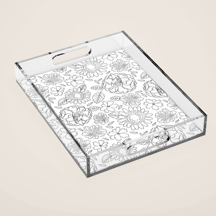 Black and white hand drawn flower art pattern Acrylic Tray Gallery Image 1