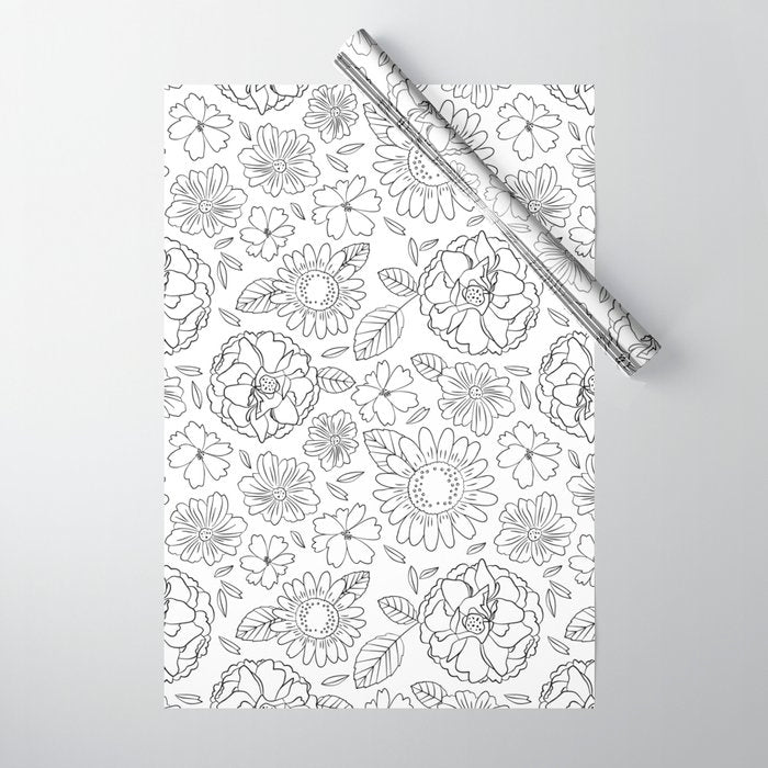 Black and white hand drawn flower art pattern Wrapping Paper Gallery Image 1