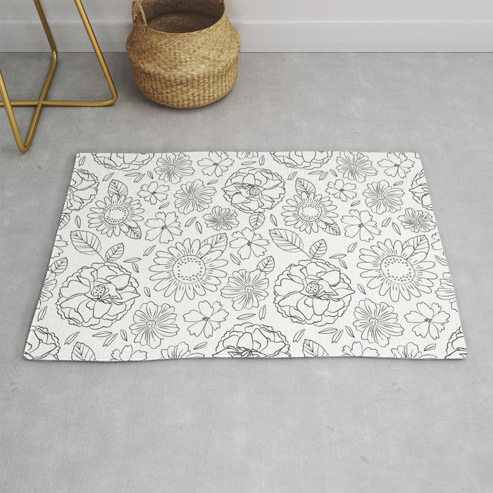 Black and white hand drawn flower art pattern Rug Gallery Image 1