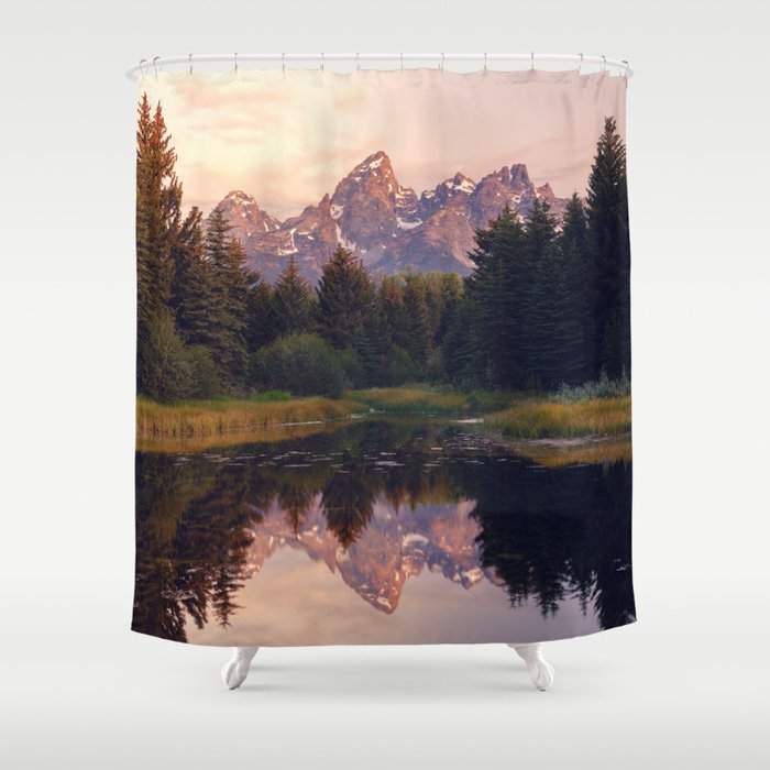 Grand Teton Mountain Sunrise - Schwabacher Landing Shower Curtain Gallery Image 1