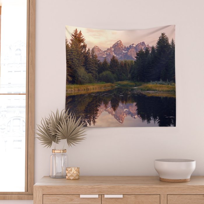 Grand Teton Mountain Sunrise - Schwabacher Landing Wall Tapestry Gallery Image 2