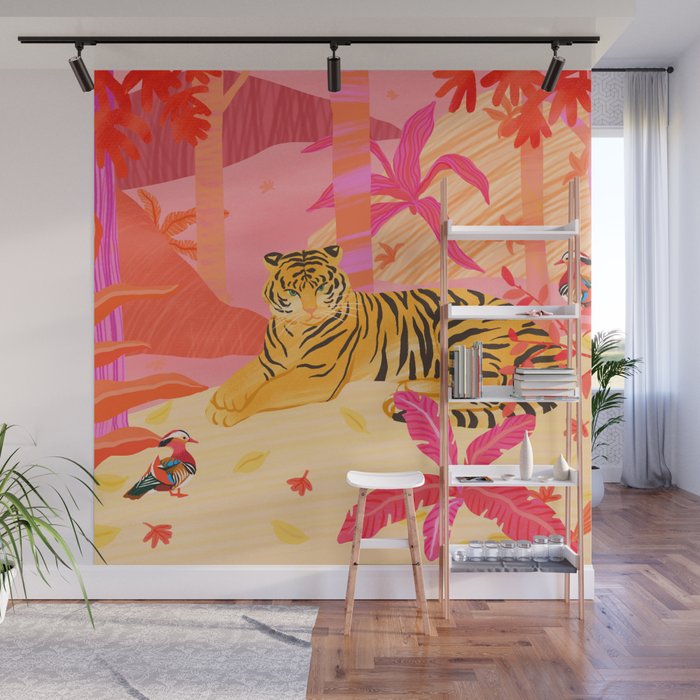 Tiger and Mandarin Ducks Wall Mural Gallery Image 1