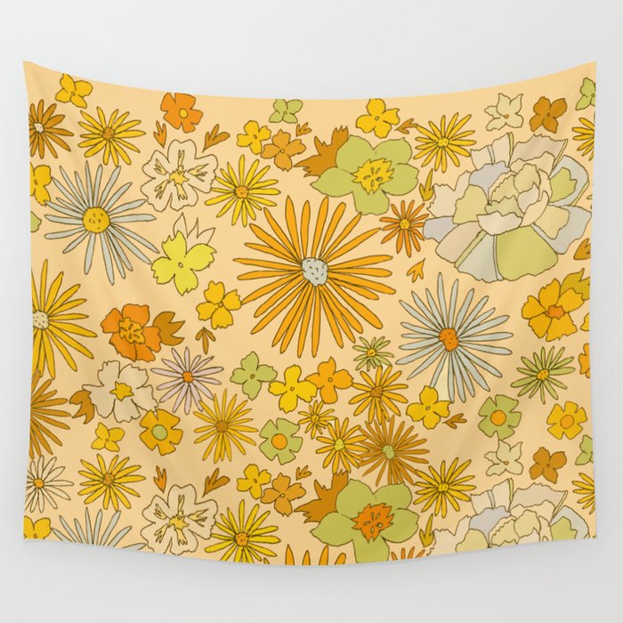 flower power wildflowers brown // retro art by surfy birdy Wall Tapestry Gallery Image 4