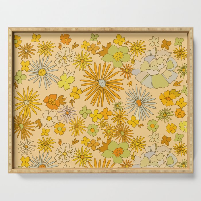 flower power wildflowers brown // retro art by surfy birdy Serving Tray Gallery Image 1