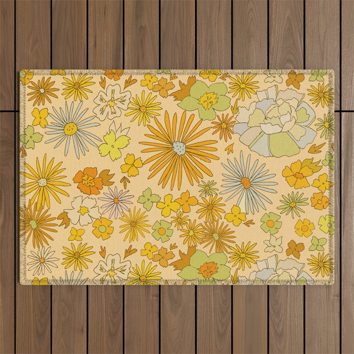 flower power wildflowers brown // retro art by surfy birdy Outdoor Rug Gallery Image 1