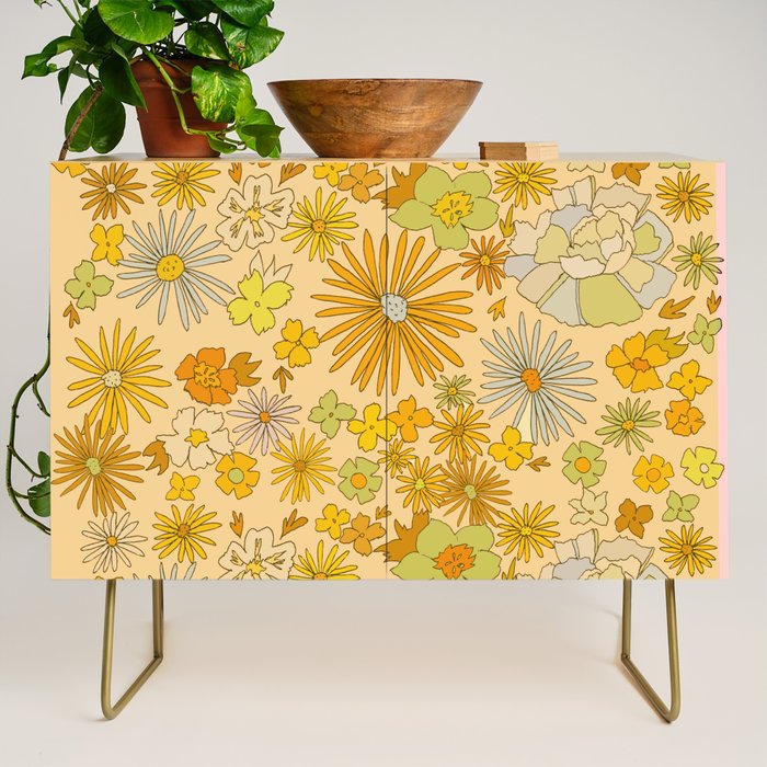 flower power wildflowers brown // retro art by surfy birdy Credenza Gallery Image 1