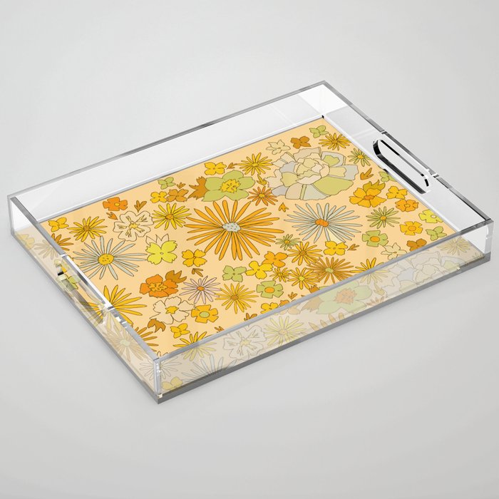 flower power wildflowers brown // retro art by surfy birdy Acrylic Tray Gallery Image 1