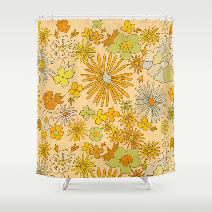 flower power wildflowers brown // retro art by surfy birdy Shower Curtain Gallery Image 1