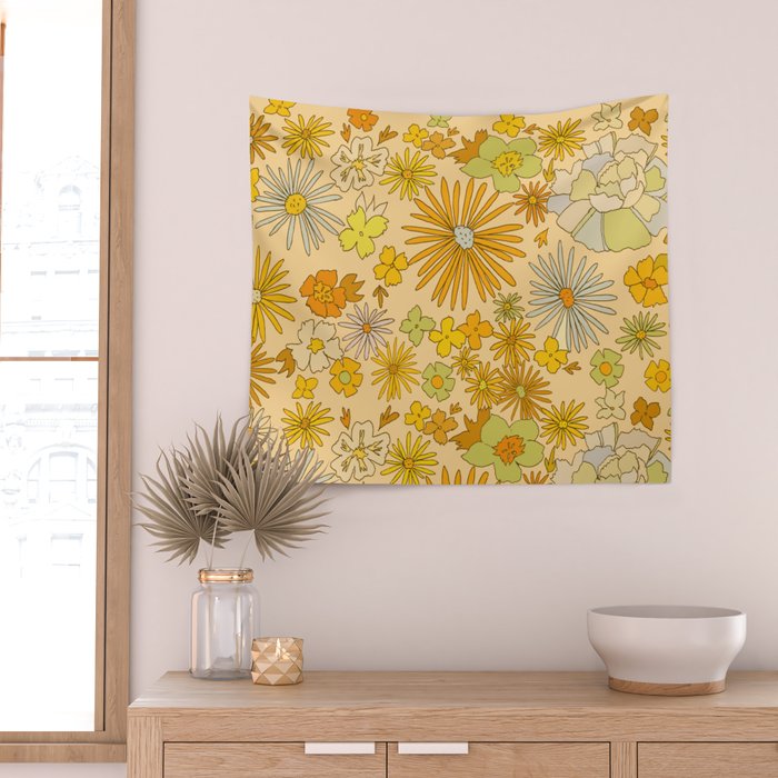 flower power wildflowers brown // retro art by surfy birdy Wall Tapestry Gallery Image 2