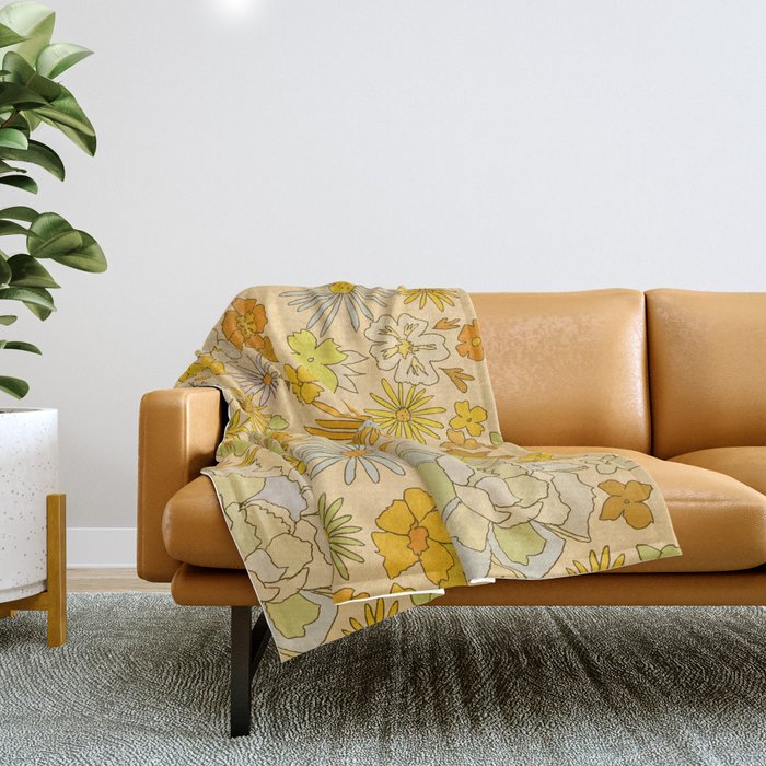 flower power wildflowers brown // retro art by surfy birdy Throw Blanket Gallery Image 1