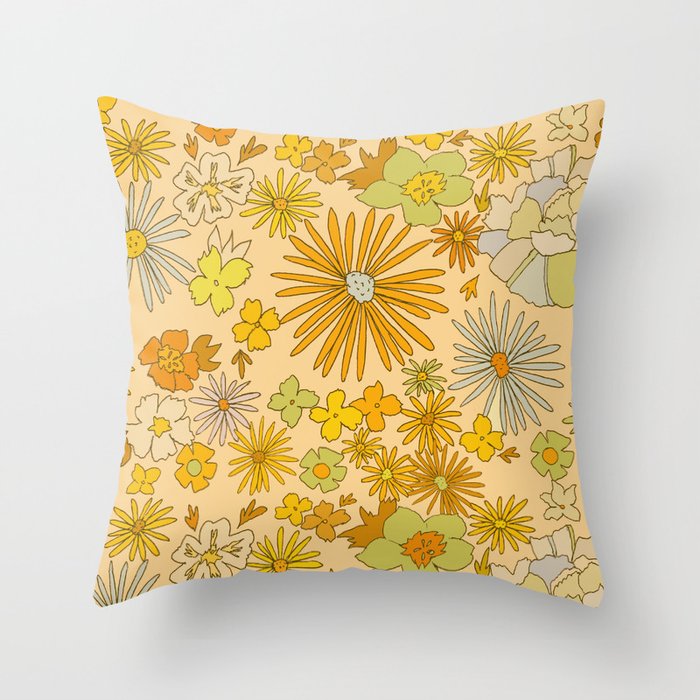 flower power wildflowers brown // retro art by surfy birdy Throw Pillow Gallery Image 6