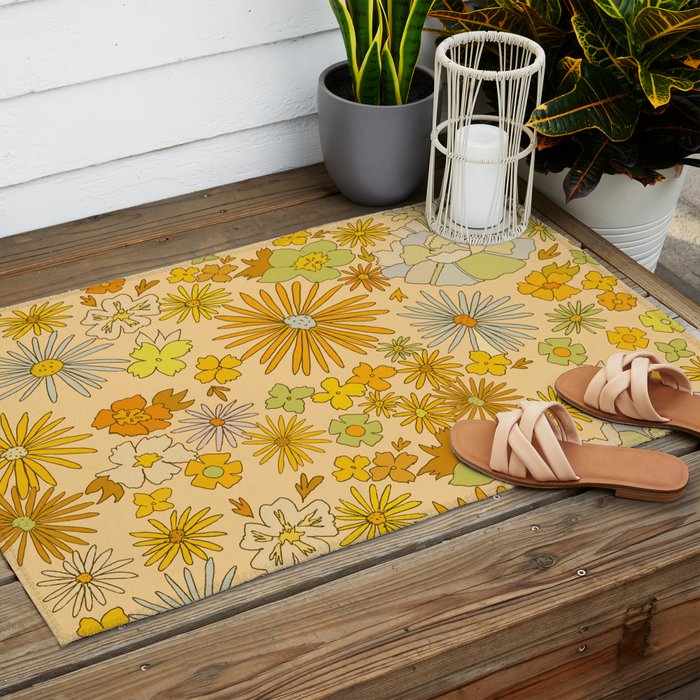 flower power wildflowers brown // retro art by surfy birdy Outdoor Rug Gallery Image 2