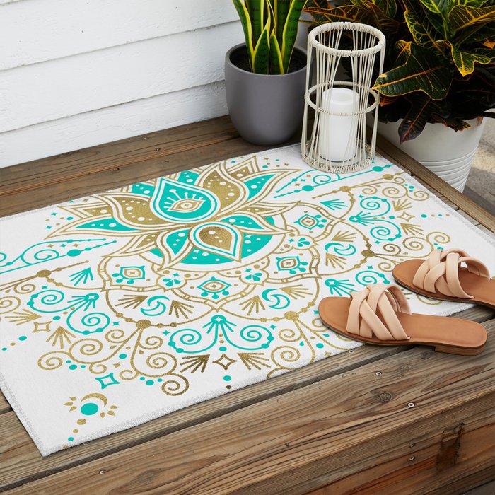 Sacred Lotus Mandala - Turquoise & Gold Palette Outdoor Rug Gallery Image 2