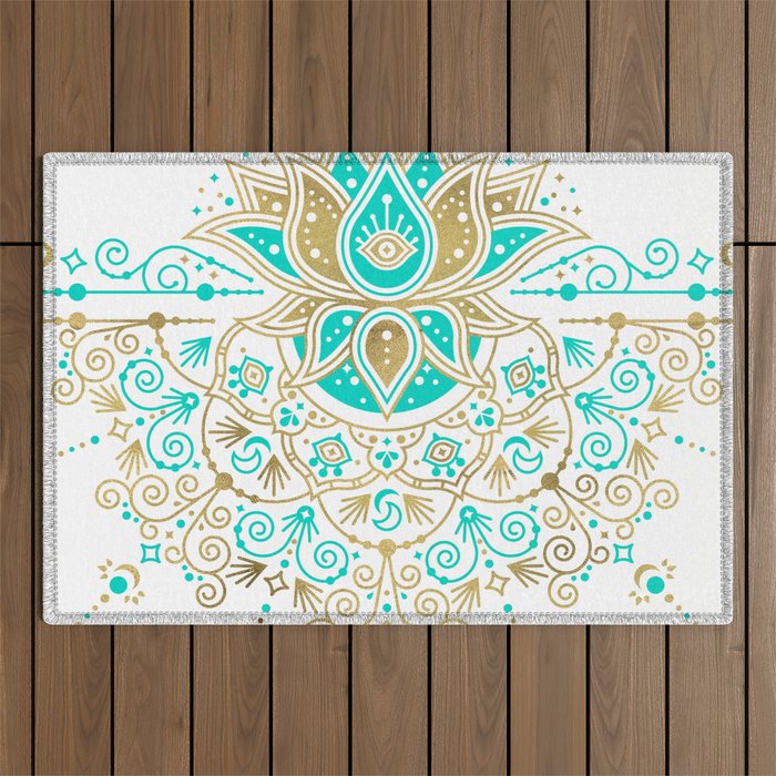 Sacred Lotus Mandala - Turquoise & Gold Palette Outdoor Rug Gallery Image 1