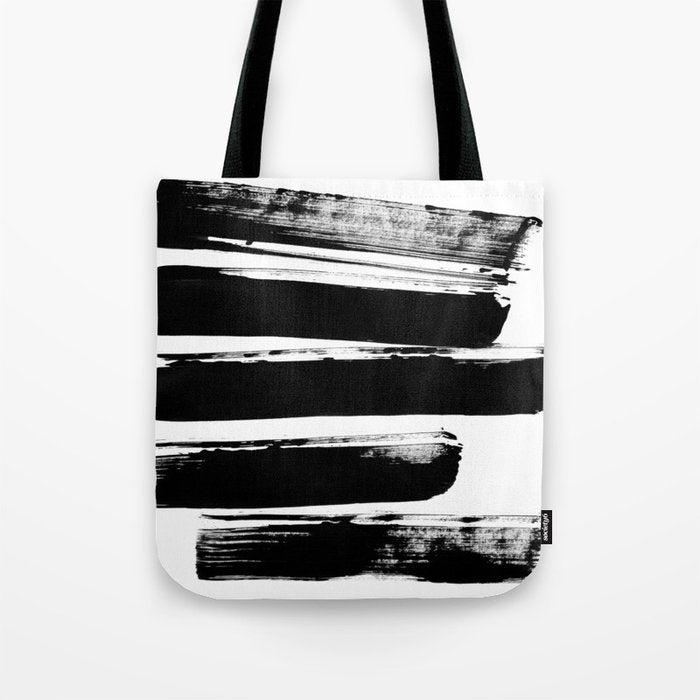 Stripes Black & White Minimalist Abstract Mid century Ink Art Dark Brush Strokes Tote Bag Gallery Image 1