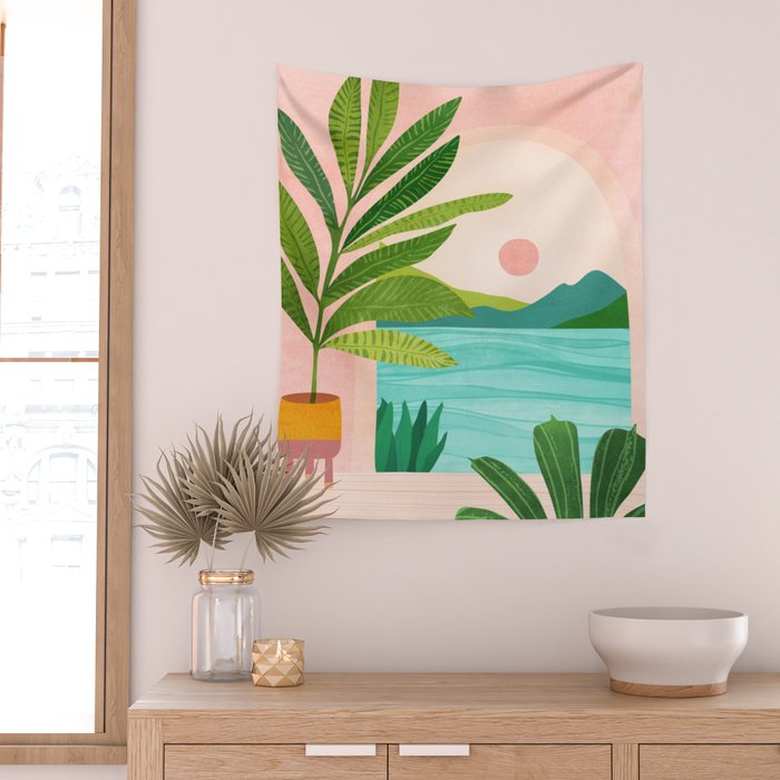 Vacation Views - Pink Coastal Landscape Wall Tapestry Gallery Image 2
