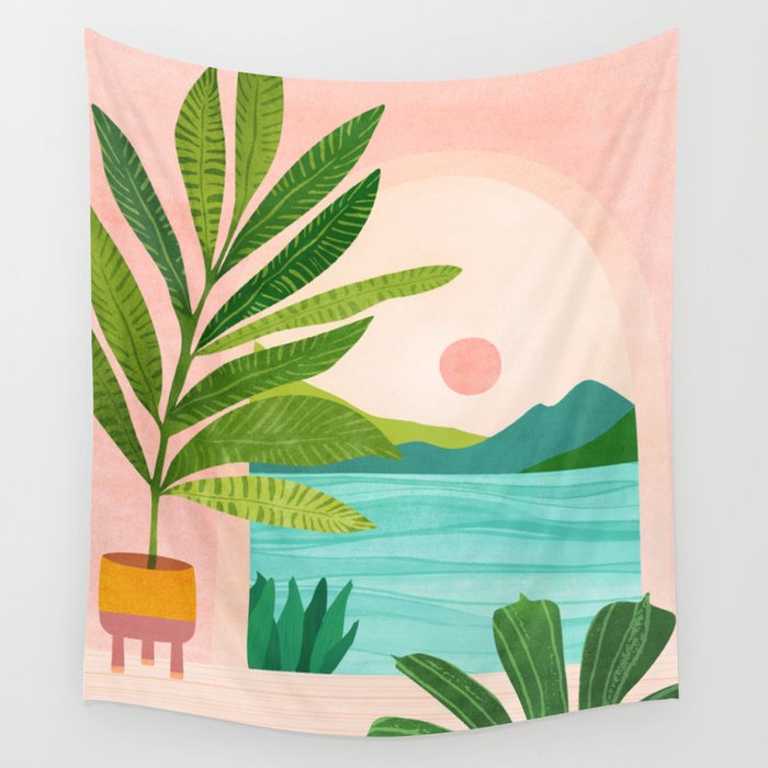 Vacation Views - Pink Coastal Landscape Wall Tapestry Gallery Image 4