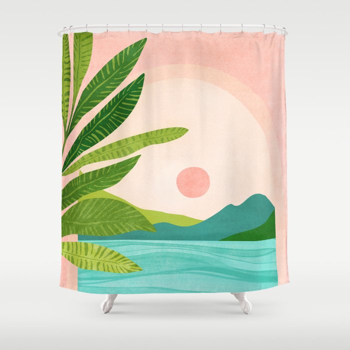 Vacation Views - Pink Coastal Landscape Shower Curtain Gallery Image 1