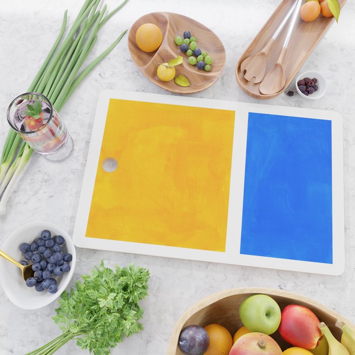 Primary Yellow Cerulean Blue Mid Century Modern Abstract Minimalist Rothko Color Field Squares Cutting Board Gallery Image 2