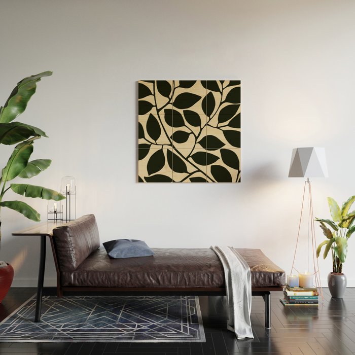 leaves black and white Wood Wall Art Gallery Image 2