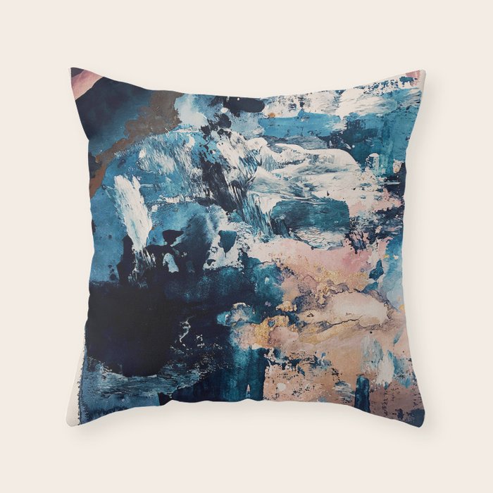 Sweetly: a bohemian, abstract work on paper in blue, pink, white, and gold Throw Pillow Gallery Image 1