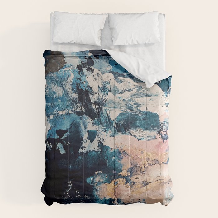 Sweetly: a bohemian, abstract work on paper in blue, pink, white, and gold Comforter Gallery Image 1