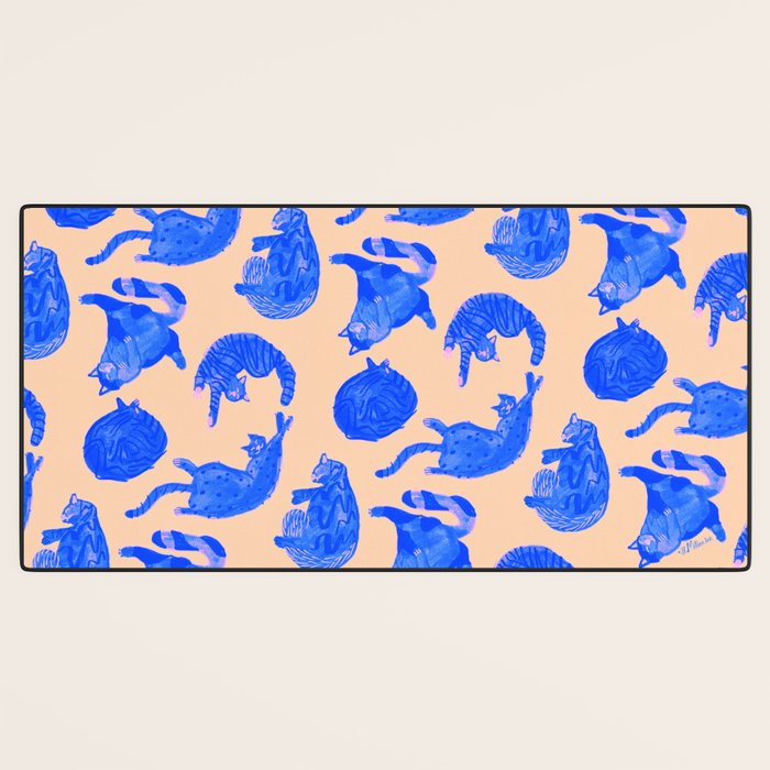 Sleepy Cozy Kitty Cats in Blue & Pink Desk Mat Gallery Image 3