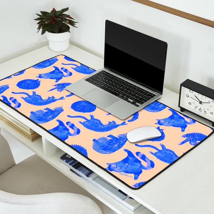 Sleepy Cozy Kitty Cats in Blue & Pink Desk Mat Gallery Image 2