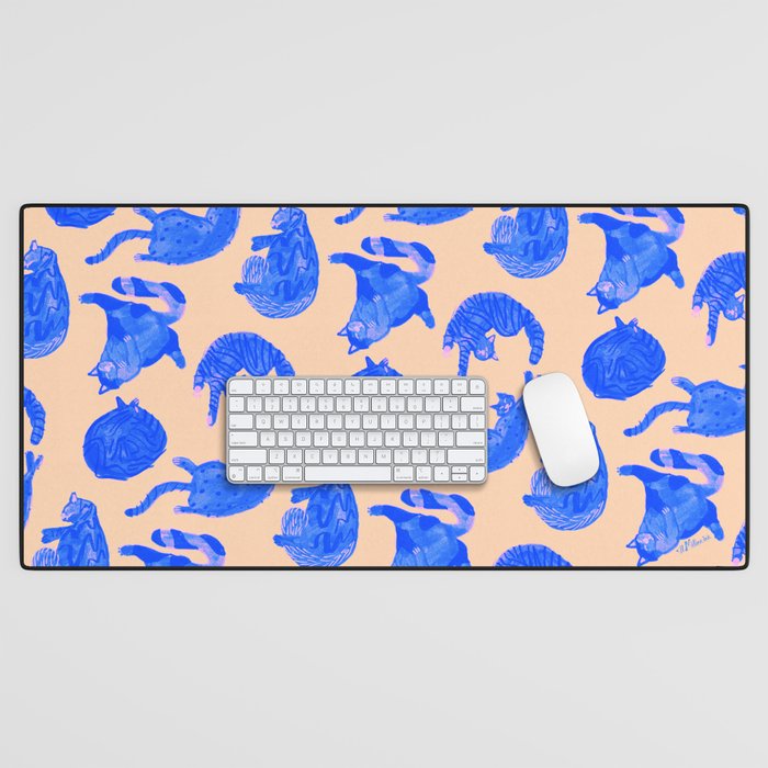 Sleepy Cozy Kitty Cats in Blue & Pink Desk Mat Gallery Image 1