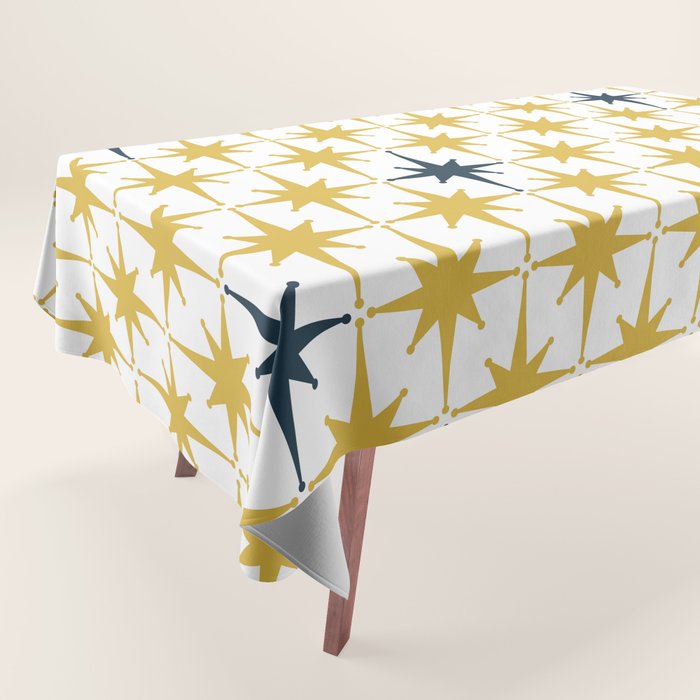 Atomic Age Retro Midcentury 1950s Starburst Pattern in Light Mustard, Navy Blue, and White Tablecloth Gallery Image 1