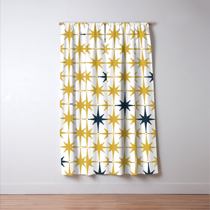 Atomic Age Retro Midcentury 1950s Starburst Pattern in Light Mustard, Navy Blue, and White Window Curtain Gallery Image 3