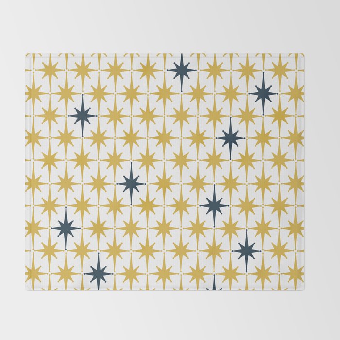 Atomic Age Retro Midcentury 1950s Starburst Pattern in Light Mustard, Navy Blue, and White Throw Blanket Gallery Image 2