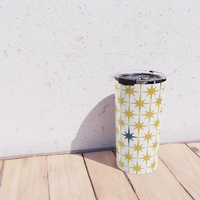 Atomic Age Retro Midcentury 1950s Starburst Pattern in Light Mustard, Navy Blue, and White Travel Mug Gallery Image 4