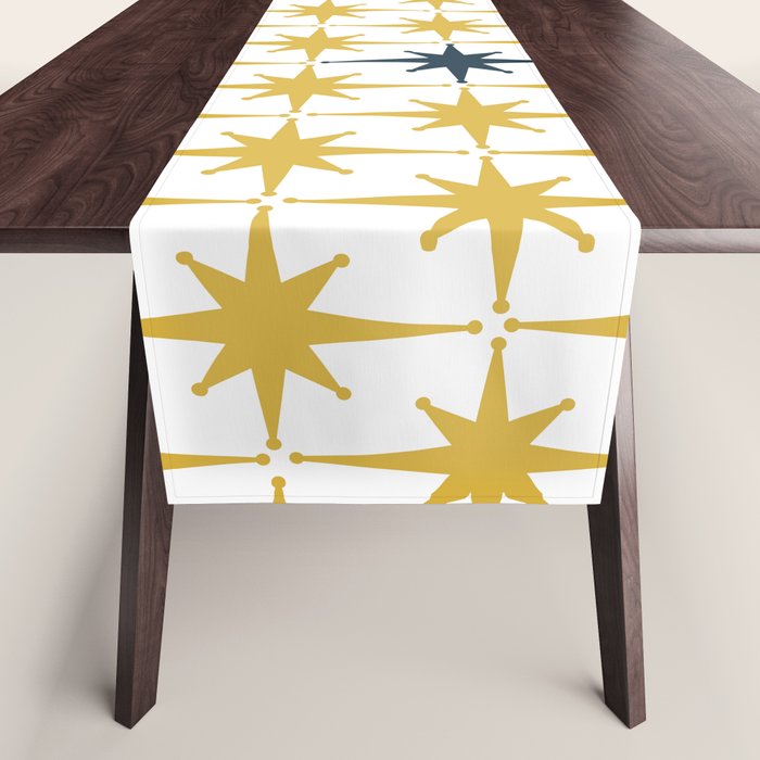 Atomic Age Retro Midcentury 1950s Starburst Pattern in Light Mustard, Navy Blue, and White Table Runner Gallery Image 1