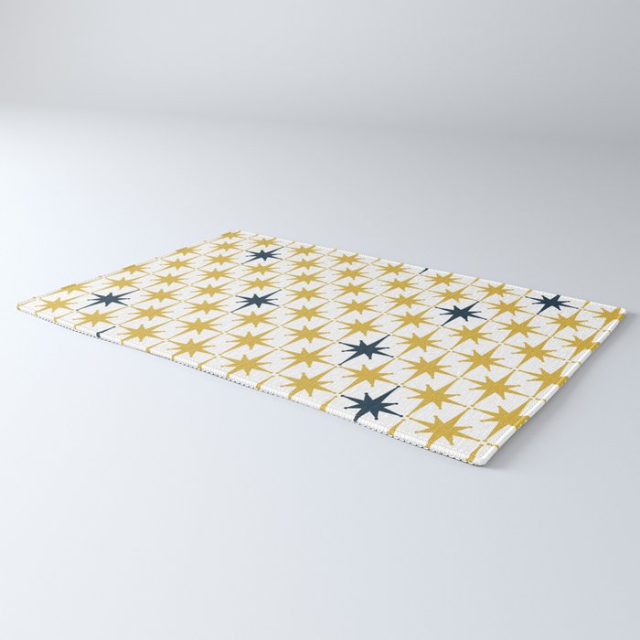 Atomic Age Retro Midcentury 1950s Starburst Pattern in Light Mustard, Navy Blue, and White Rug Gallery Image 3