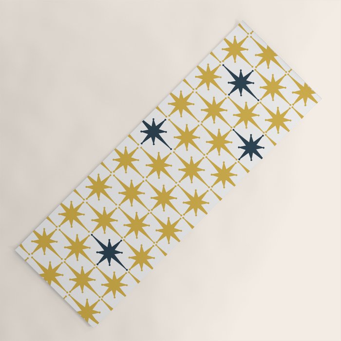 Atomic Age Retro Midcentury 1950s Starburst Pattern in Light Mustard, Navy Blue, and White Yoga Mat Gallery Image 1