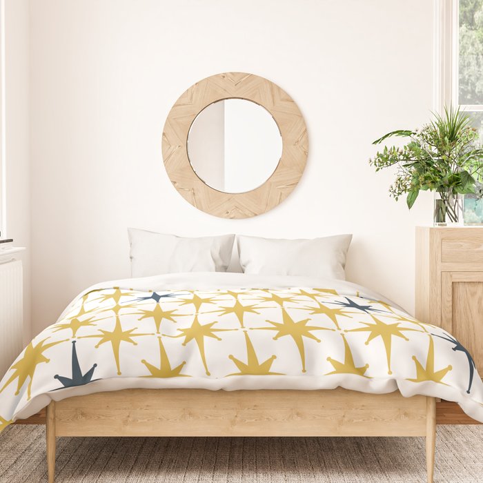 Atomic Age Retro Midcentury 1950s Starburst Pattern in Light Mustard, Navy Blue, and White Duvet Cover Gallery Image 3