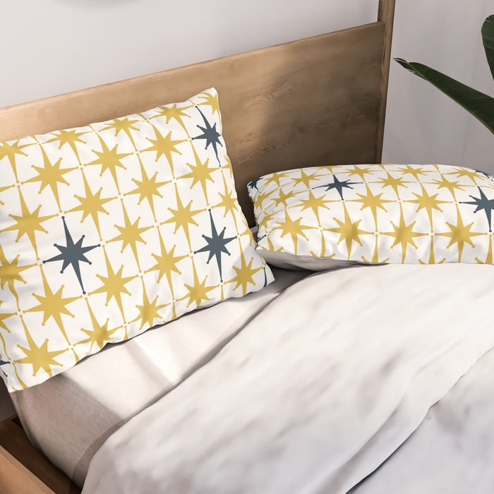 Atomic Age Retro Midcentury 1950s Starburst Pattern in Light Mustard, Navy Blue, and White Pillow Sham Gallery Image 2
