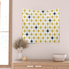 Atomic Age Retro Midcentury 1950s Starburst Pattern in Light Mustard, Navy Blue, and White Wall Tapestry Gallery Image 2