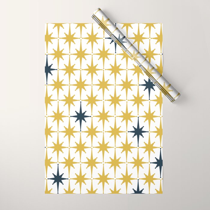 Atomic Age Retro Midcentury 1950s Starburst Pattern in Light Mustard, Navy Blue, and White Wrapping Paper Gallery Image 1