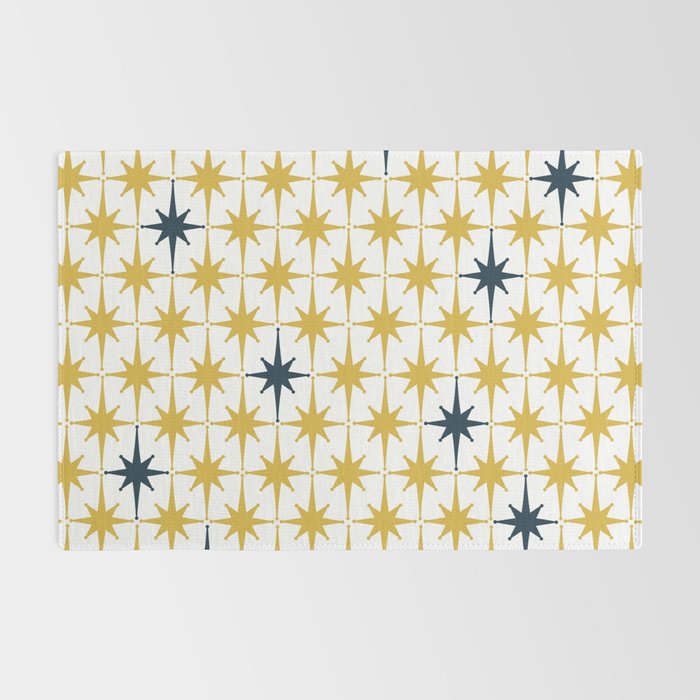 Atomic Age Retro Midcentury 1950s Starburst Pattern in Light Mustard, Navy Blue, and White Rug Gallery Image 2