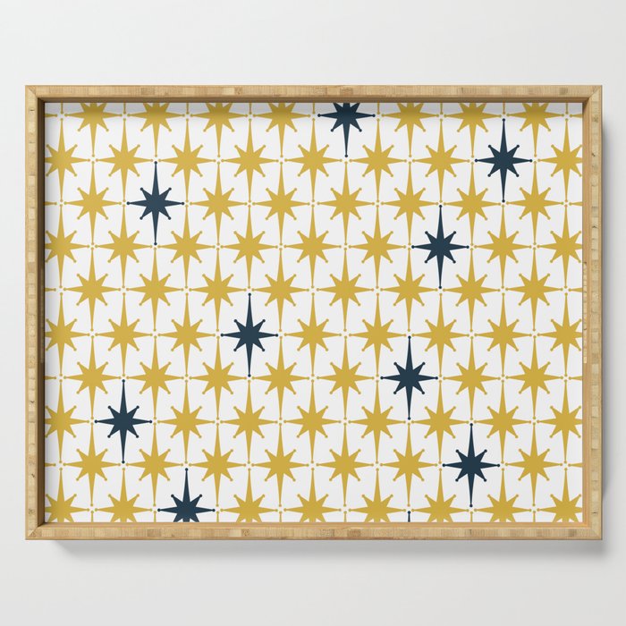 Atomic Age Retro Midcentury 1950s Starburst Pattern in Light Mustard, Navy Blue, and White Serving Tray Gallery Image 1