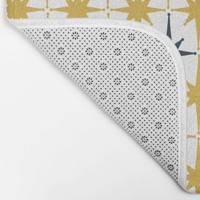 Atomic Age Retro Midcentury 1950s Starburst Pattern in Light Mustard, Navy Blue, and White Bath Mat Gallery Image 2