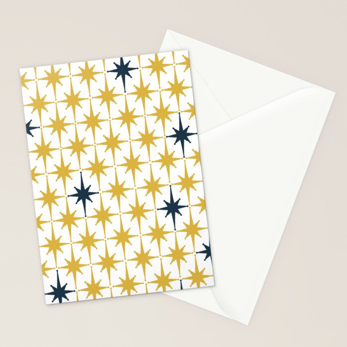 Atomic Age Retro Midcentury 1950s Starburst Pattern in Light Mustard, Navy Blue, and White Stationery Card Gallery Image 2