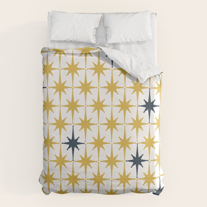 Atomic Age Retro Midcentury 1950s Starburst Pattern in Light Mustard, Navy Blue, and White Duvet Cover Gallery Image 1