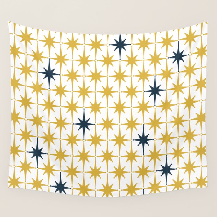 Atomic Age Retro Midcentury 1950s Starburst Pattern in Light Mustard, Navy Blue, and White Wall Tapestry Gallery Image 4