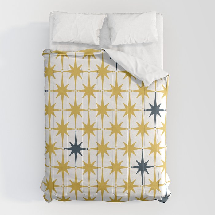 Atomic Age Retro Midcentury 1950s Starburst Pattern in Light Mustard, Navy Blue, and White Comforter Gallery Image 6