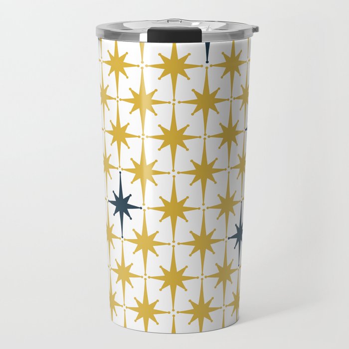 Atomic Age Retro Midcentury 1950s Starburst Pattern in Light Mustard, Navy Blue, and White Travel Mug Gallery Image 1